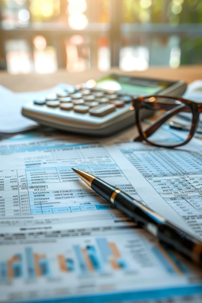 Tax documents and calculations arranged on an office desk